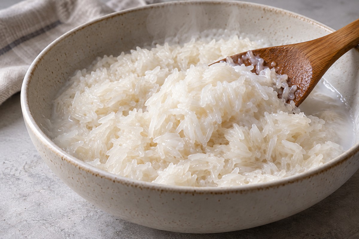 뜨거운 코코넛 시럽을 넣은 찹쌀밥을 주걱으로 가볍게 접어 섞는 과정