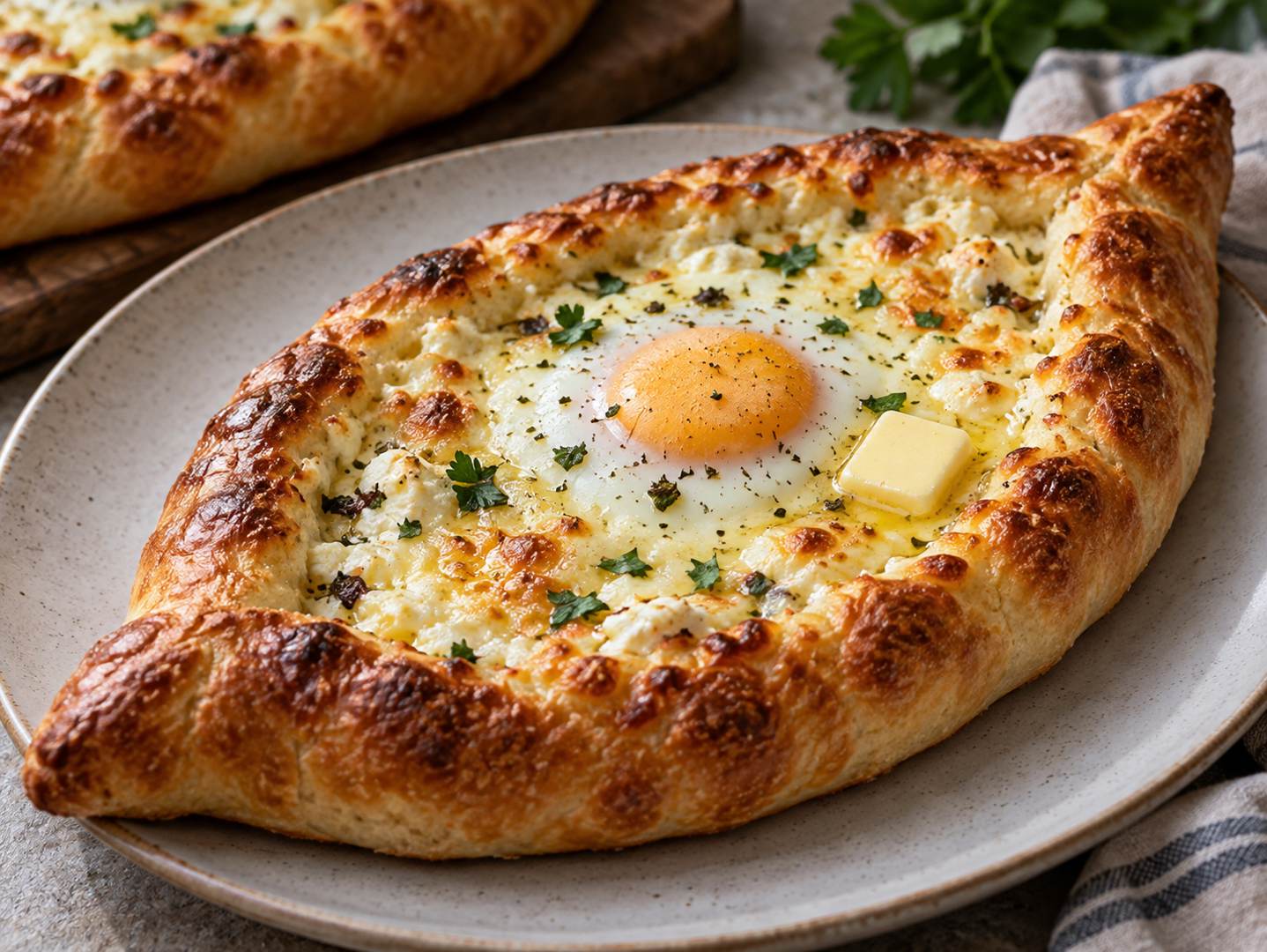 노릇한 배 모양 치즈빵 중앙에 흰자와 노른자를 완전히 익힌 달걀을 올린 하차푸리
